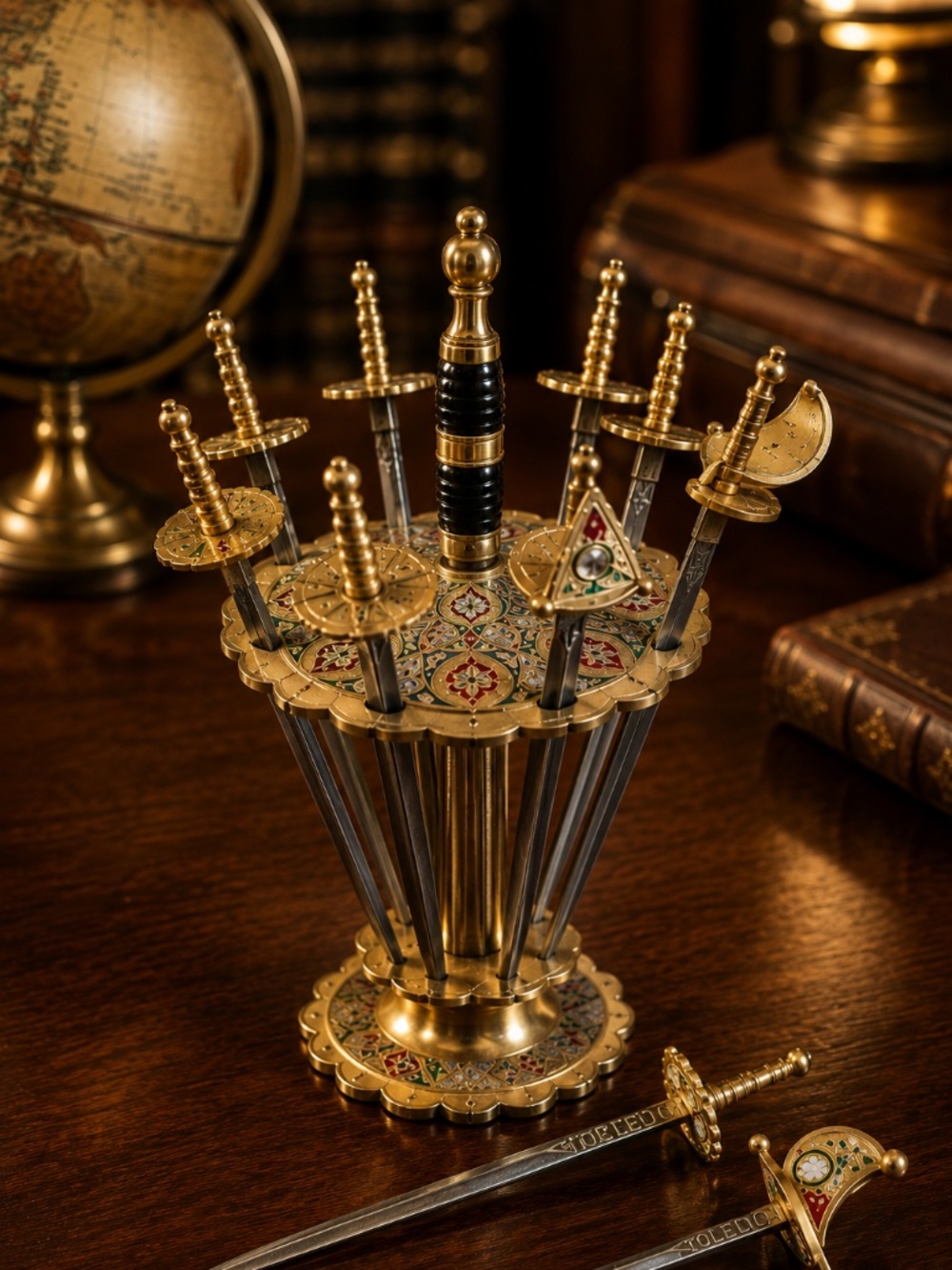 Vintage Toledo Spain Olive Garnish Picks Display Stand Damascene Bar Accessory